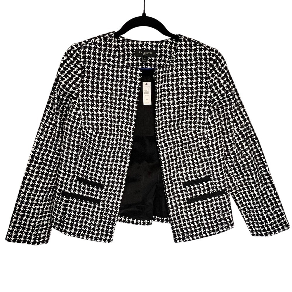 Talbots Petites Houndstooth Blazer Black White Collarless Jacket 6P NWT PH5090